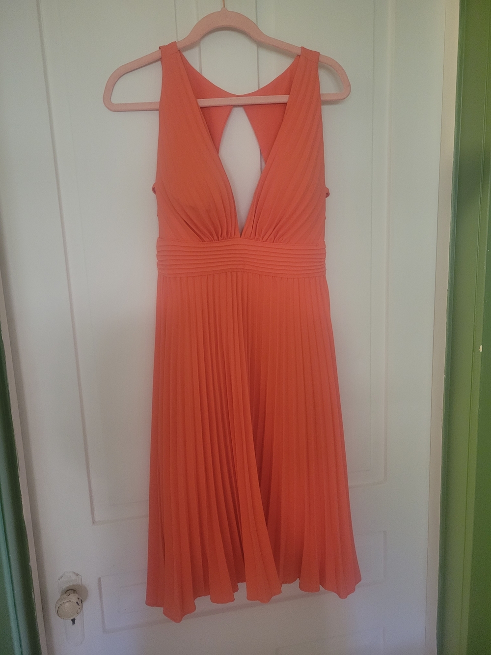 Women's Orange Pleated V-Neck Dress